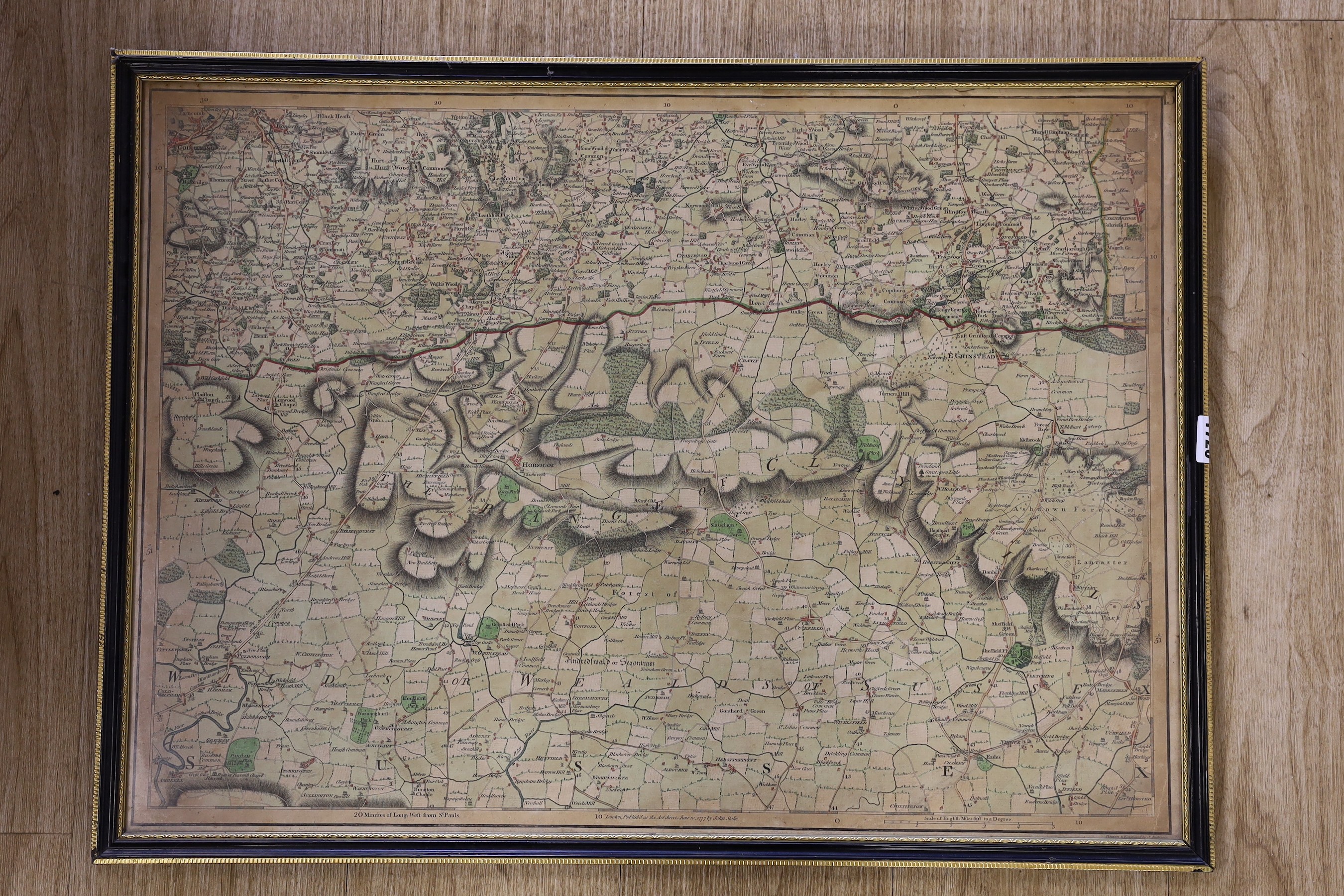 John Stoke, coloured engraving, 'The Range of Clay Hills'; map of the area around Horsham across to East Grinstead, 1777, 50 x 69cm, a Cary Map of Sussex 1811, 48 x 53cm and a later railway map of Sussex